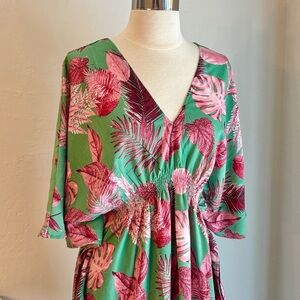 Green & Pink Palm Print Empire Waist Mini Dress,